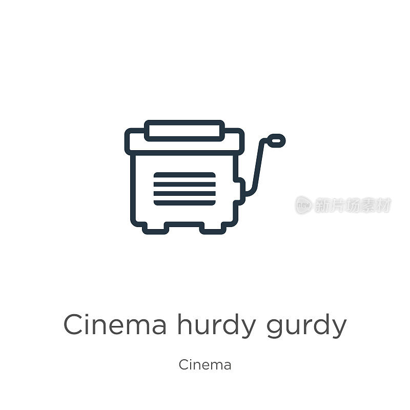 电影手摇琴图标。细线性电影hurdy gurdy轮廓图标孤立的白色背景从电影集合。线矢量电影hurdy gurdy标志，符号为网络和移动